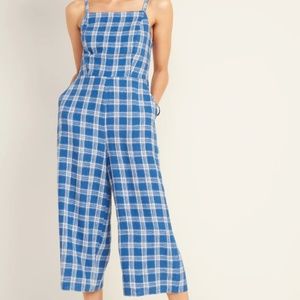 Old Navy Linen Blend Capri Romper Blue White Plaid with Pockets - Size Medium